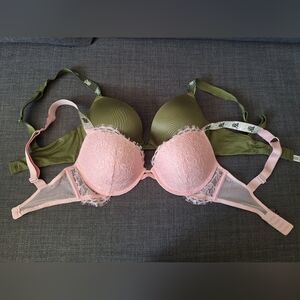 Victoria's Secret Pink and Green Lace Push Up  Bra Set 32 D